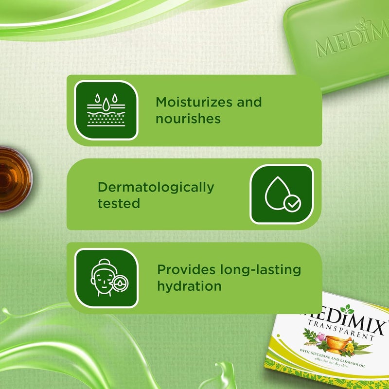 Medimix صابون الاستحمام الشفاف الأيورفيدي ميديمكس المصنوع تقليديًا 125 جرام 3 في 1 مجموعة مدمجة مع الجلسرين وزيت لاكشادي فعال للبشرة الجافة - Image 5