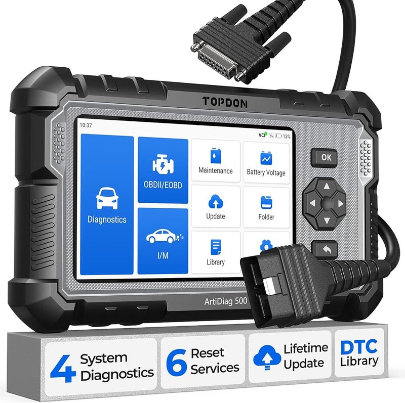 توب دون أداة مسح OBD2 من TOPDON ArtiDiag500؛ أداة تشخيص سيارات متعددة الأنظمة (زيت، دواسة الوقود، نظام التحكم في الوقود، نظام مراقبة ضغط الإطارات، نظام إدارة البطارية، نظام الفرامل الإلكترونية)؛ تحديثات مجانية مدى الحياة، وإمكانية قراءة رقم تسجيل ا - Image 1