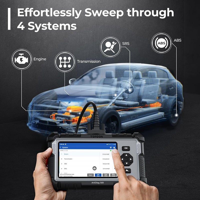 توب دون أداة مسح OBD2 من TOPDON ArtiDiag500؛ أداة تشخيص سيارات متعددة الأنظمة (زيت، دواسة الوقود، نظام التحكم في الوقود، نظام مراقبة ضغط الإطارات، نظام إدارة البطارية، نظام الفرامل الإلكترونية)؛ تحديثات مجانية مدى الحياة، وإمكانية قراءة رقم تسجيل ا - Image 3