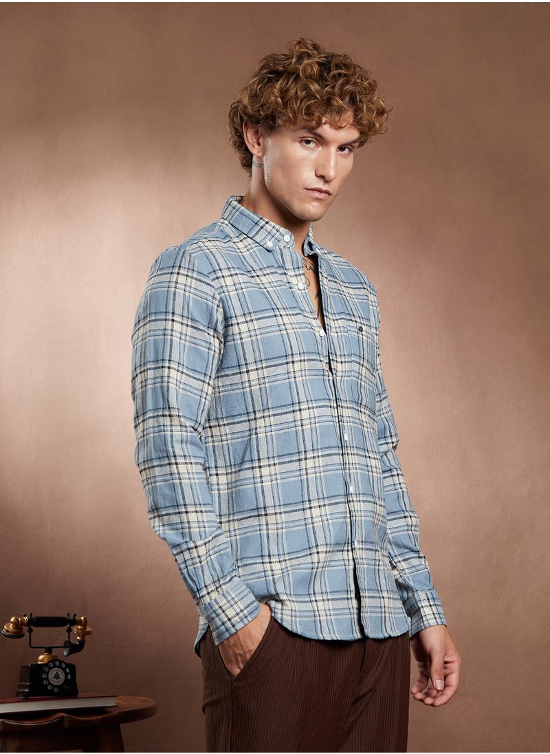 Campus Sutra Campus Sutra Men's Baby Blue Shadow-Graph Regular Shirt For Casual Wear | Spread Collar | Long Cuffed Sleeves | Button Closure | Shirt Crafted With Comfort Fit For Everyday Wear  - Image 3
