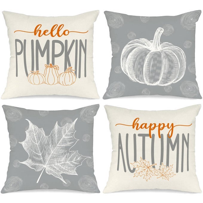 GREY 45X45 AUTUMN CUSHION COVERS SET OF 4 MAPLE LEAF PUMPKIN DECORATIVE HOLIDAY 18X18 INCH FALL THROW PILLOW COVERS THANKSGIVING PILLOW CASE FOR INDOOR HOME BEDROOM COUCH SOFA DECOR 45X45CM