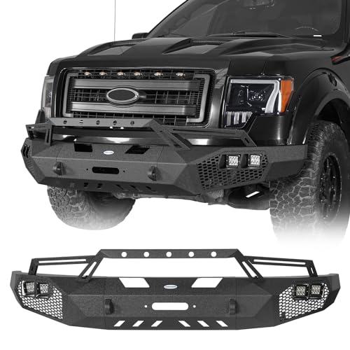 Hooke Road Earthshaker F150 Front Bumper w/Bull Bar & Winch Plate for Ford F-150 2009 2010 2011 2012 2013 2014 (Exclude Raptor), Full Width Steel Replacement Bumper - Image 1