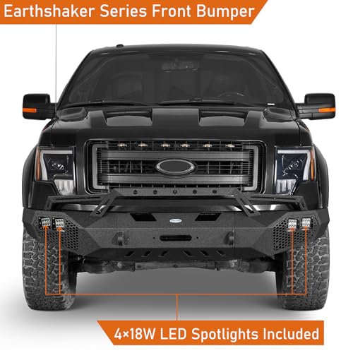 Hooke Road Earthshaker F150 Front Bumper w/Bull Bar & Winch Plate for Ford F-150 2009 2010 2011 2012 2013 2014 (Exclude Raptor), Full Width Steel Replacement Bumper - Image 2