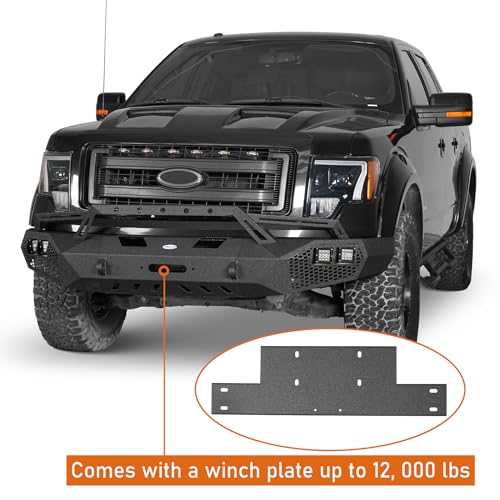 Hooke Road Earthshaker F150 Front Bumper w/Bull Bar & Winch Plate for Ford F-150 2009 2010 2011 2012 2013 2014 (Exclude Raptor), Full Width Steel Replacement Bumper - Image 4