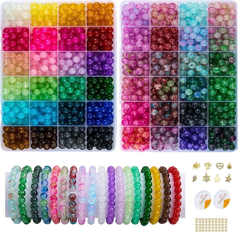 REVKI ã€2 Packã€‘ More Than 1300PCS Round Glass Beads for Jewelry Making,48 Colors 8mm Crystal Beads for Bracelets Jewelry Making and DIY Crafts, 2 Box Round Beads Suitable for Beginners. (Solid+Printing) - Image 1
