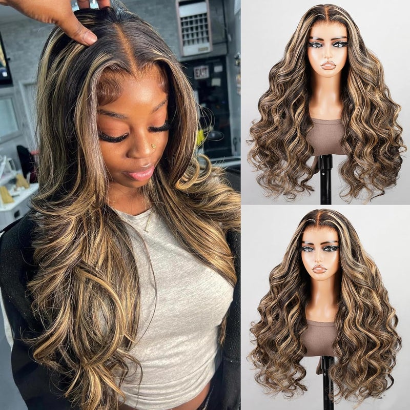 Highlight Wig Human Hair Honey Blonde Ombre Lace Front Wig Wear and Go Glueless Wig 6x5 Pre Cut Balayage Wig 12A 220% Density Pre Plucked Wigs Human Hair Bleached Tiny Knots 24 Inch Body Wigs