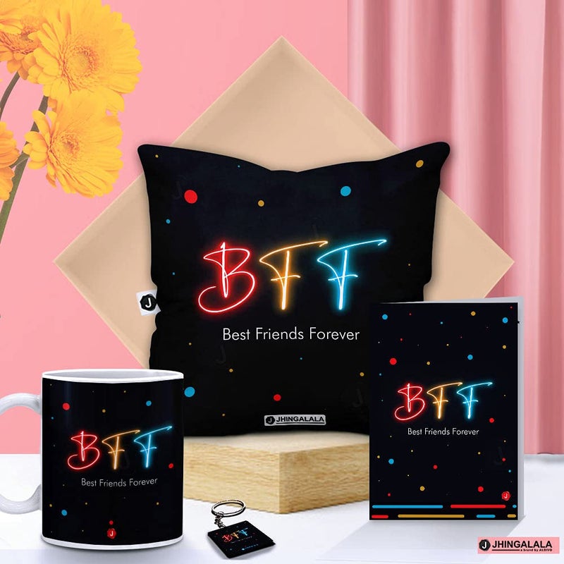 Jhingalala Jhingalala Best Friends Forever Satin Printed 12x12 inches Cushion with Filler Coffee Mug Key Chain Greeting Card Combo for Friends - Image 1