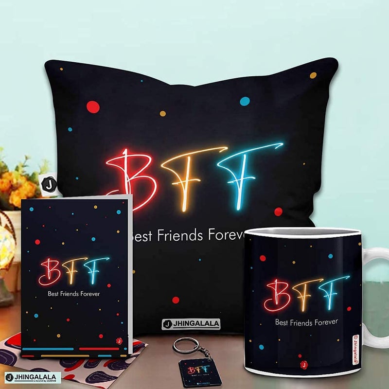 Jhingalala Jhingalala Best Friends Forever Satin Printed 12x12 inches Cushion with Filler Coffee Mug Key Chain Greeting Card Combo for Friends - Image 2