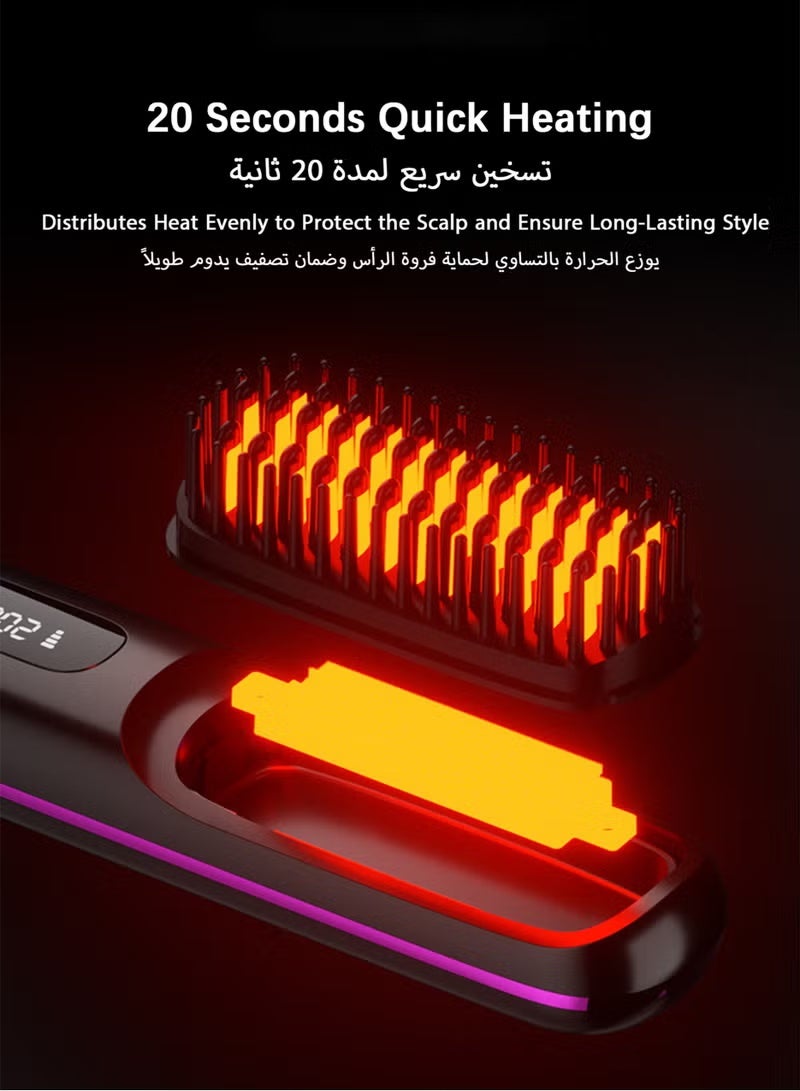 Electric Hair Straightener Brush, Portable Ceramic Ionic Straightening Comb and Curler, LED Display, Fast Heating, 3 Temp Settings & Anti-Scald Head Massager for All Hair Types, Pink - Image 3