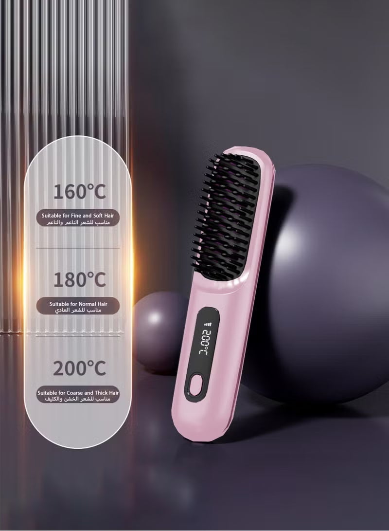 Electric Hair Straightener Brush, Portable Ceramic Ionic Straightening Comb and Curler, LED Display, Fast Heating, 3 Temp Settings & Anti-Scald Head Massager for All Hair Types, Pink - Image 5