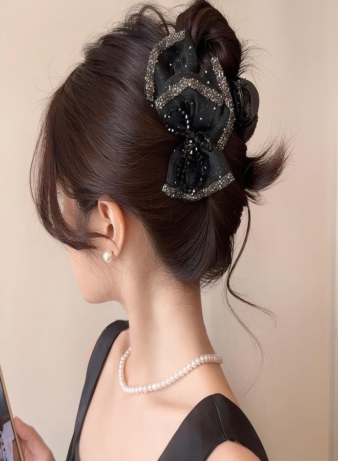 Rannyrena Glitter Bow Hair Clips with Beads for Women Black Tulle Mesh Bubble Hair Barrettes for Thick Thin Hair Elegant Crystal Stone Hair Accessories (Black Beads Bow) - Image 2
