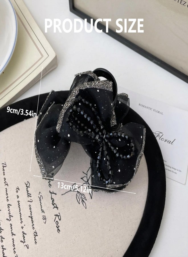 Rannyrena Glitter Bow Hair Clips with Beads for Women Black Tulle Mesh Bubble Hair Barrettes for Thick Thin Hair Elegant Crystal Stone Hair Accessories (Black Beads Bow) - Image 3