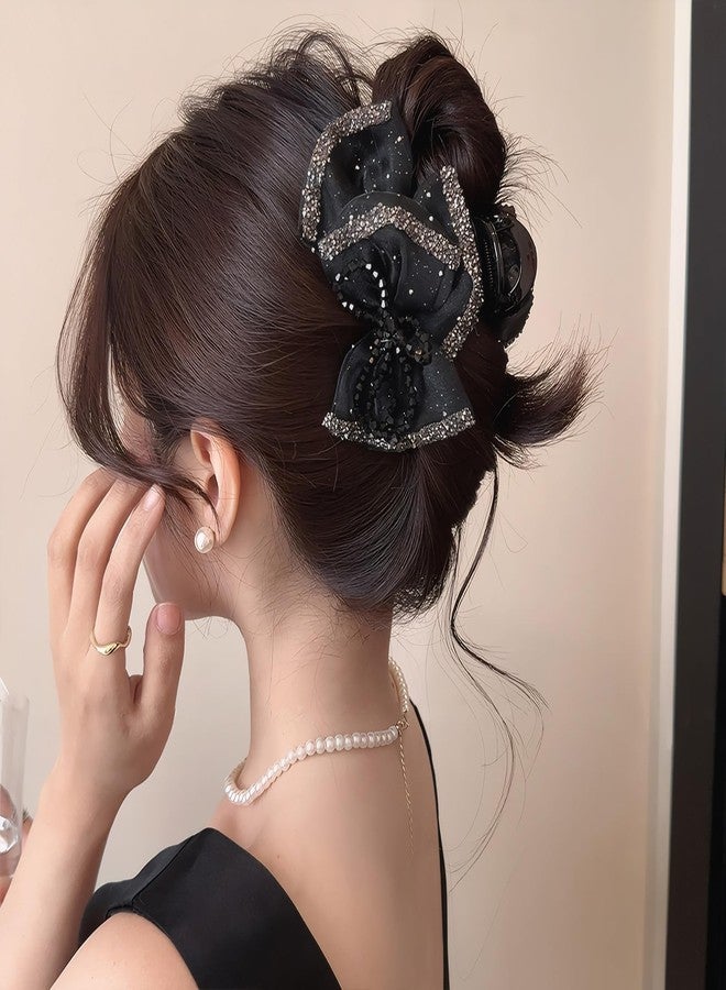 Rannyrena Glitter Bow Hair Clips with Beads for Women Black Tulle Mesh Bubble Hair Barrettes for Thick Thin Hair Elegant Crystal Stone Hair Accessories (Black Beads Bow) - Image 5