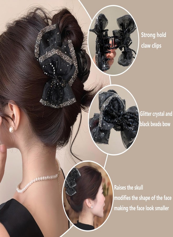 Rannyrena Glitter Bow Hair Clips with Beads for Women Black Tulle Mesh Bubble Hair Barrettes for Thick Thin Hair Elegant Crystal Stone Hair Accessories (Black Beads Bow) - Image 4