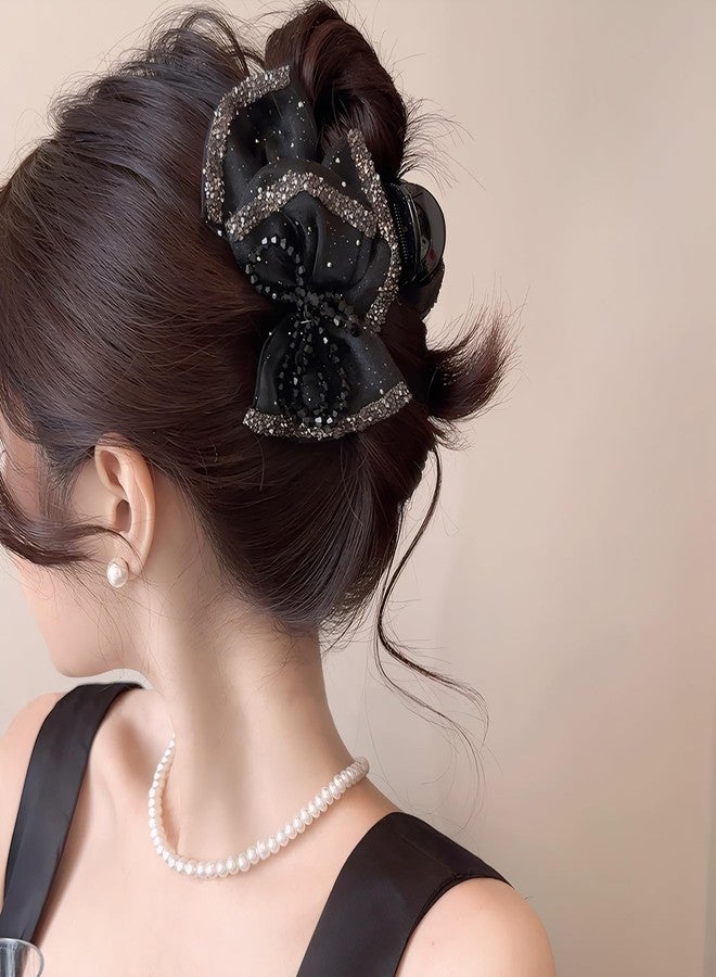 Rannyrena Glitter Bow Hair Clips with Beads for Women Black Tulle Mesh Bubble Hair Barrettes for Thick Thin Hair Elegant Crystal Stone Hair Accessories (Black Beads Bow) - Image 1