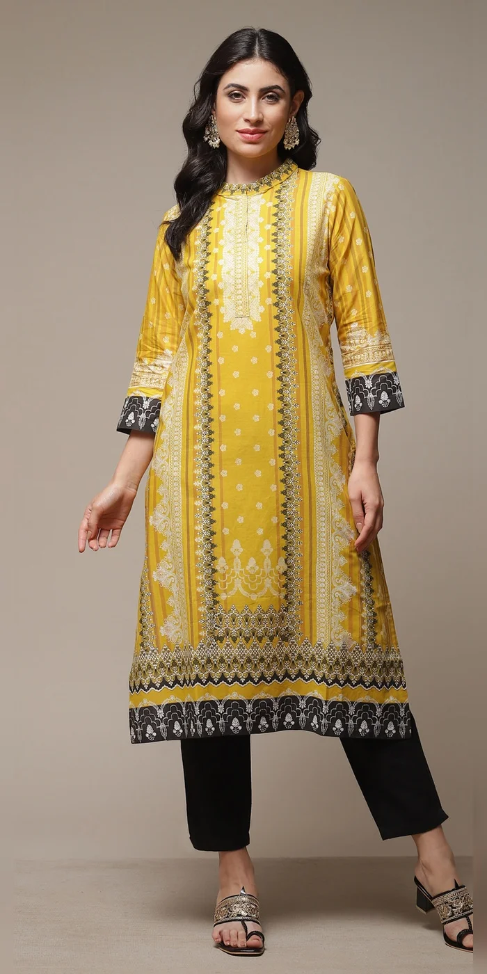 Women Ochre Cotton Straight Printed Kurta