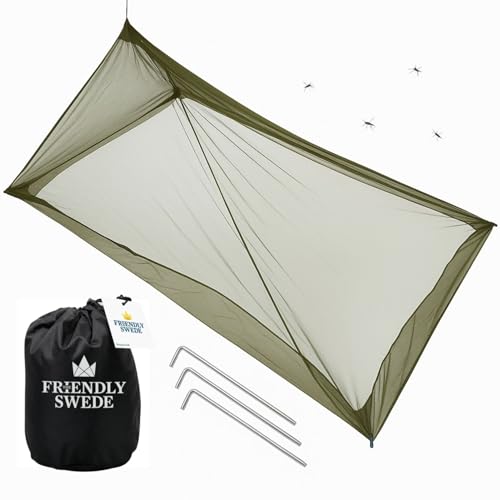 The Friendly Swede Outdoor Mosquito Net — Mosquito Netting for Camping & Bed; Army Green Bug Net with Stuff Sack, 4 Ground Stakes & Adjustable Cord; Single Bug Tent - Image 1