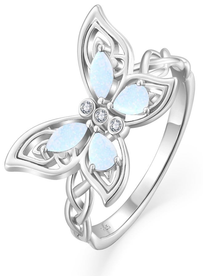 YL White Opal Celtic Knot Butterfly Ring for Women, Solid 925 Sterling Silver 18K White Gold Plated Created Birthstone Jewelry Gifts Size 6 - Image 1