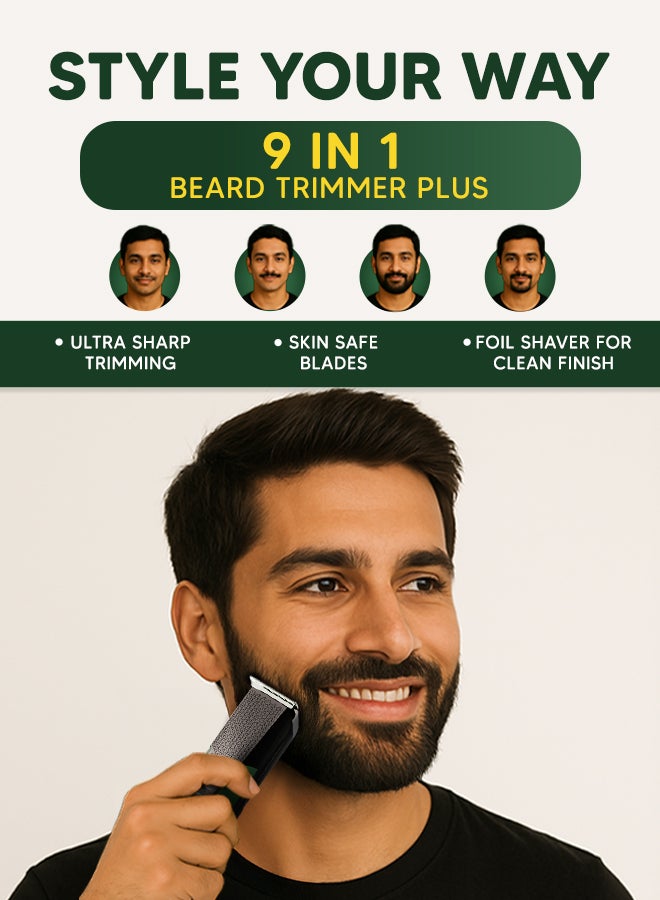 LetsShave مقلم لحية 9 في 1 بلس للرجال | شفرة T، ماكينة حلاقة، مقلم أنف وأذن | 6 مشط بطول | شحن USB-C، 90 دقيقة وقت تشغيل، مؤشر LED | آمن للبشرة وهدوء أثناء الحلاقة | #قم بتنسيق أسلوبك - Image 2