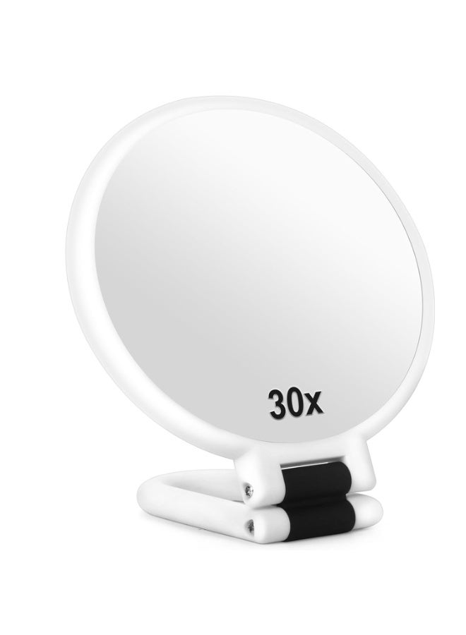 عدسة مكبرة 30x، مرآة يدوية للسفر بمقبض - مرآة يدوية مزدوجة الجوانب، تكبير 1x و30x ومقبض قابل للتعديل، مرآة مكياج يدوية قابلة للطي للسفر (أبيض لؤلؤي) - Image 1