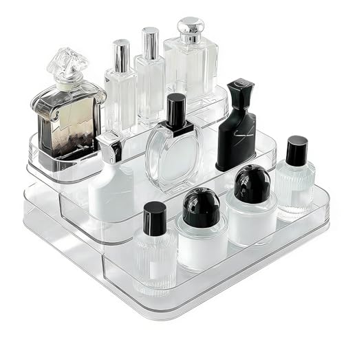 MAYCREATE® Perfume Display, 3 Tier Clear Acrylic Riser Shelf for Perfume with Fences, Cupcake, Gemstones, Curio, Anime Figurines, Skin Care Products for Organization and Decor - Image 1