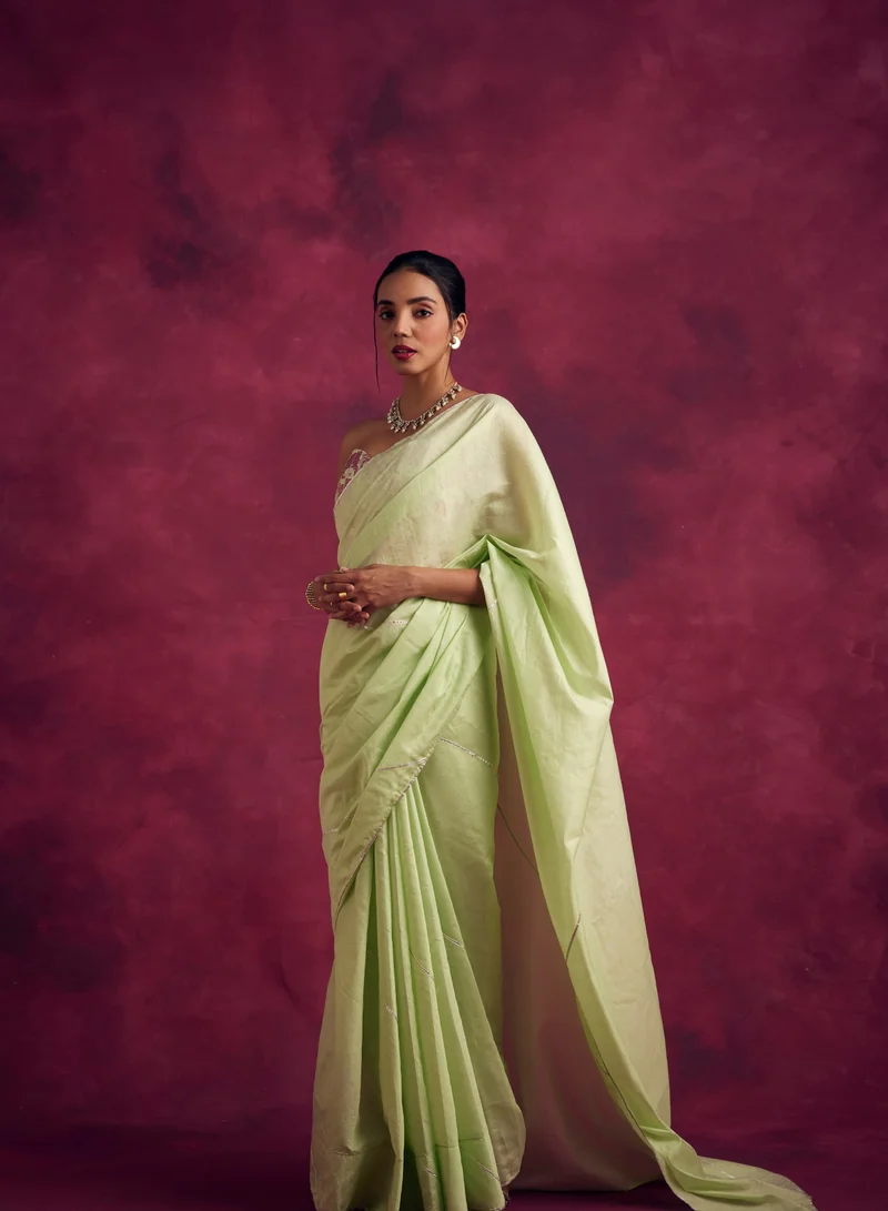 أبهشتي Semi Chinia Silk saree with gota patti highlights-Pistachio green