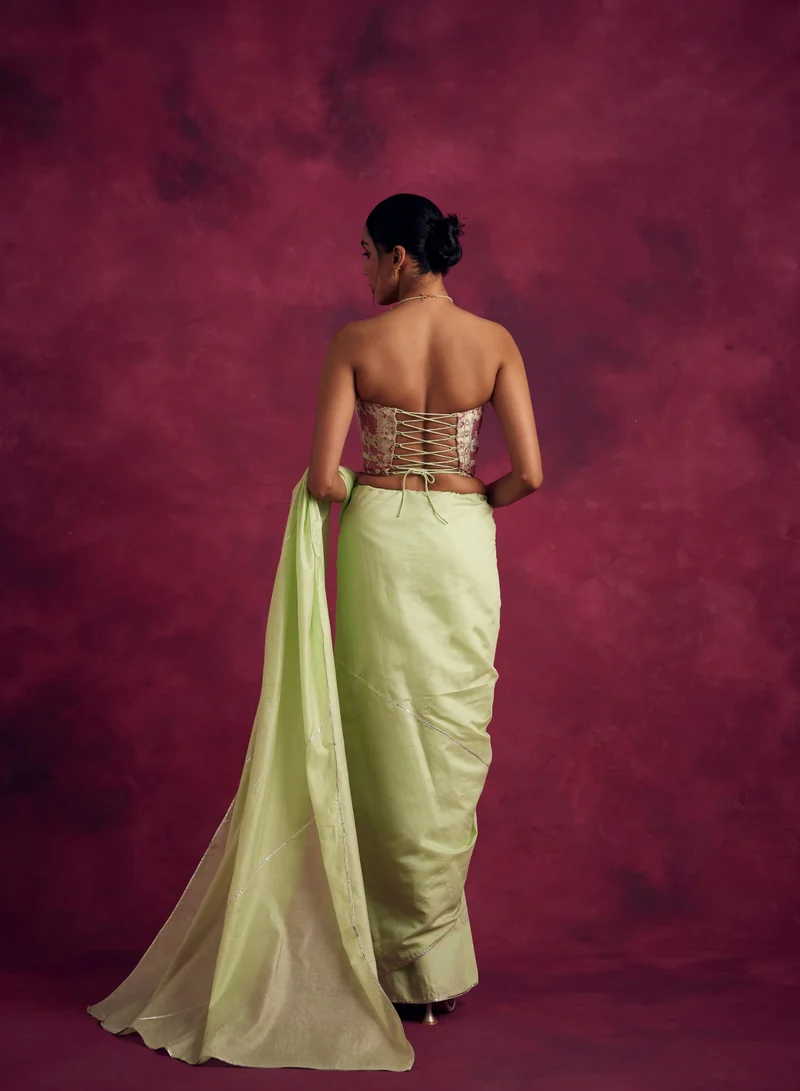 أبهشتي Semi Chinia Silk saree with gota patti highlights-Pistachio green