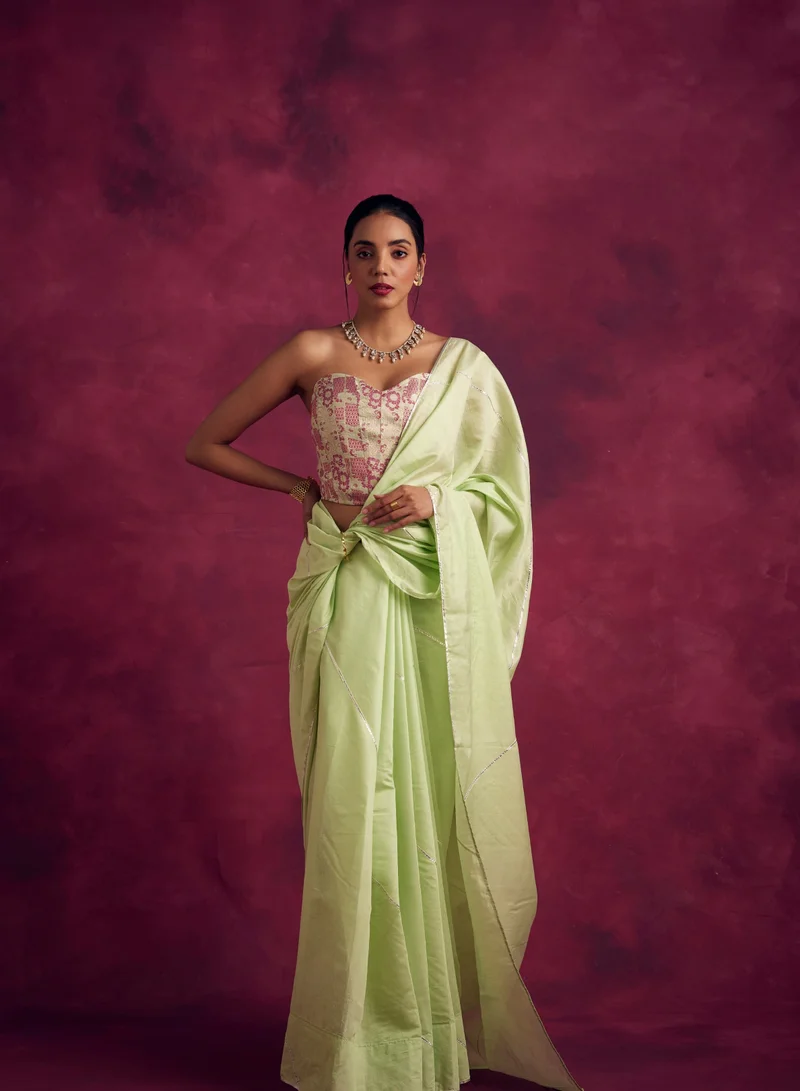 أبهشتي Semi Chinia Silk saree with gota patti highlights-Pistachio green