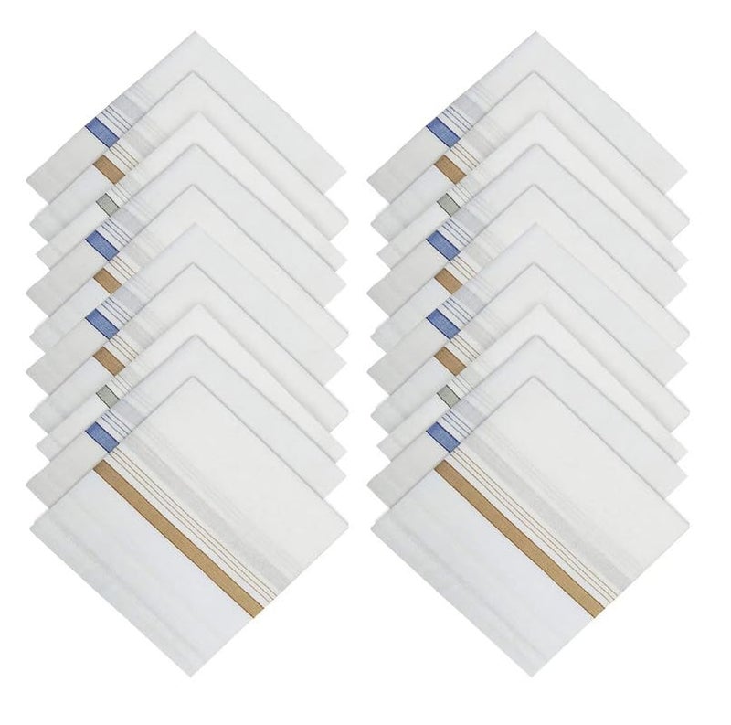 DIKHAWA Mens 100% Cotton Essential Handkerchiefs/Hanky/Rumal (White Striped_42CM X 42CM_Pack of 20) - Image 1