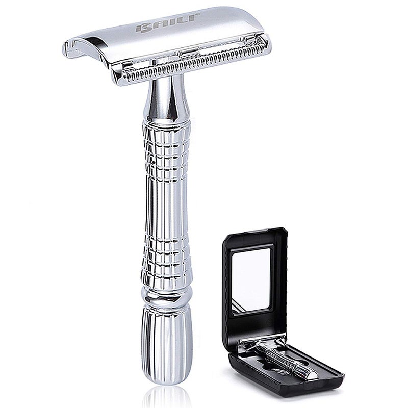 BAILI Classic 3-Piece Double Edge Safety Razor Wet Shaving for Men Women with Platinum Blade and Mirrored Travel Case BD176 - Image 1
