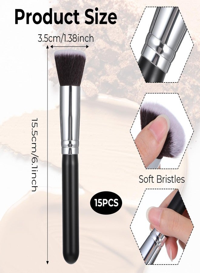 xozeooeu 15 Pcs Makeup Brushes, Synthetic Flat Top Foundation Brush Set For Liquid, Cream, Powder, Blending, Buffing, Blush, Concealer, Black Cosmetics Brush Kit - Image 2