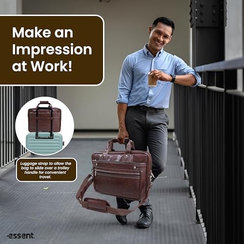 ESSENT Leather Bag for Men – Stylish Office Bag | Premium Laptop Bag for Man | Office Bag for Man with Adjustable Strap & Compartments | Laptop bags – Fits 15.6" Laptop (Brown) - Image 2