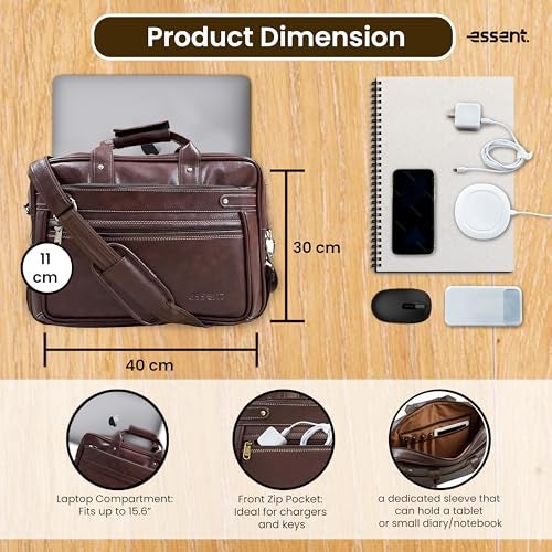 ESSENT Leather Bag for Men – Stylish Office Bag | Premium Laptop Bag for Man | Office Bag for Man with Adjustable Strap & Compartments | Laptop bags – Fits 15.6" Laptop (Brown) - Image 3
