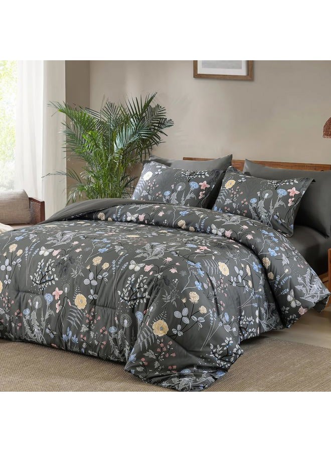 YIRAN 7 Piece Grey Floral Comforter Set Queen Size, Botanical Flowers Bed in a Bag Queen, Soft Microfiber Complete Bedding Set with Sheets for All Season - Image 2