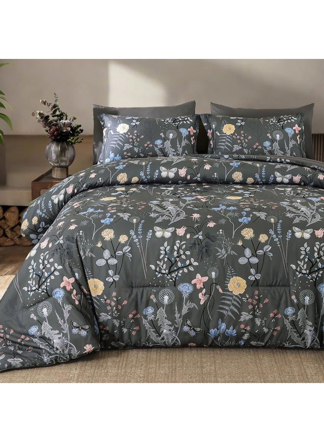 YIRAN 7 Piece Grey Floral Comforter Set Queen Size, Botanical Flowers Bed in a Bag Queen, Soft Microfiber Complete Bedding Set with Sheets for All Season - Image 1