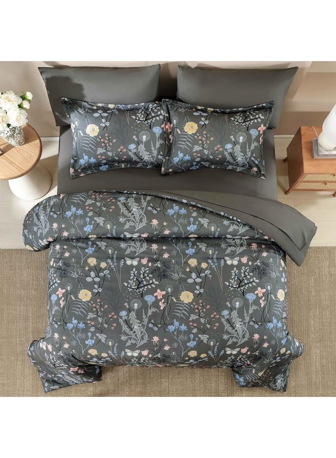 YIRAN 7 Piece Grey Floral Comforter Set Queen Size, Botanical Flowers Bed in a Bag Queen, Soft Microfiber Complete Bedding Set with Sheets for All Season - Image 3