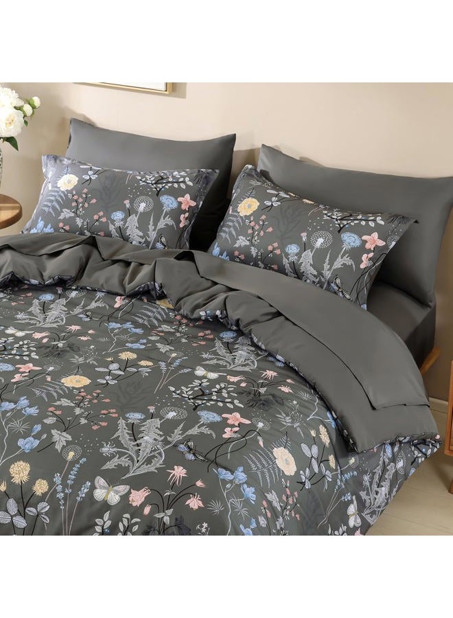 YIRAN 7 Piece Grey Floral Comforter Set Queen Size, Botanical Flowers Bed in a Bag Queen, Soft Microfiber Complete Bedding Set with Sheets for All Season - Image 5
