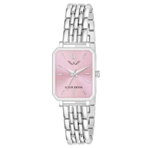LOUIS DEVIN Silver Bracelet Metal Chain Analog Wrist Watch for Women (Pink Dial) | LD-LS193-PNK-CH - Image 1