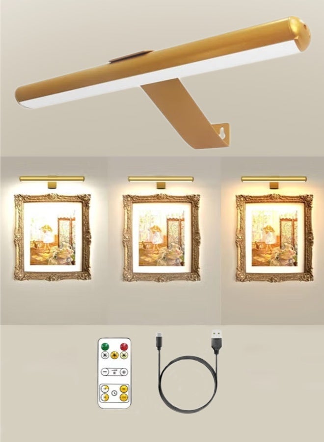 إضاءة صور LED لاسلكية، بطارية قابلة لإعادة الشحن 4400 مللي أمبير/ساعة، شمعدانات جدارية، 3 ألوان قابلة للتعديل مع مؤقت مع جهاز تحكم عن بعد، مصباح عرض لإطار الصورة أو معرض الفنون أو خزانة المرآة (ذهبي) - Image 1