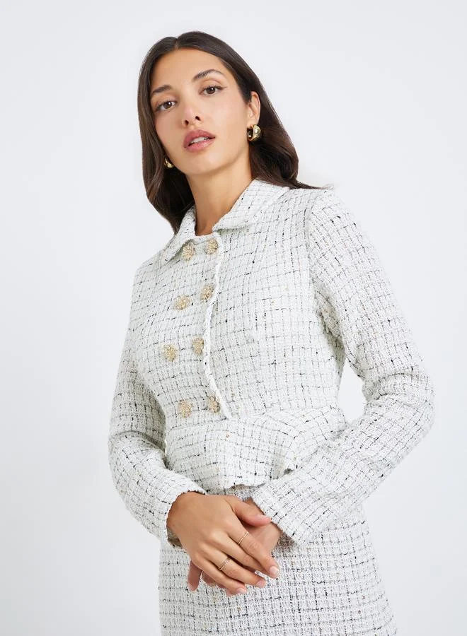 ستايلي فستان طويل بليزر بتفاصيل تويد بصف أزرار مزدوج