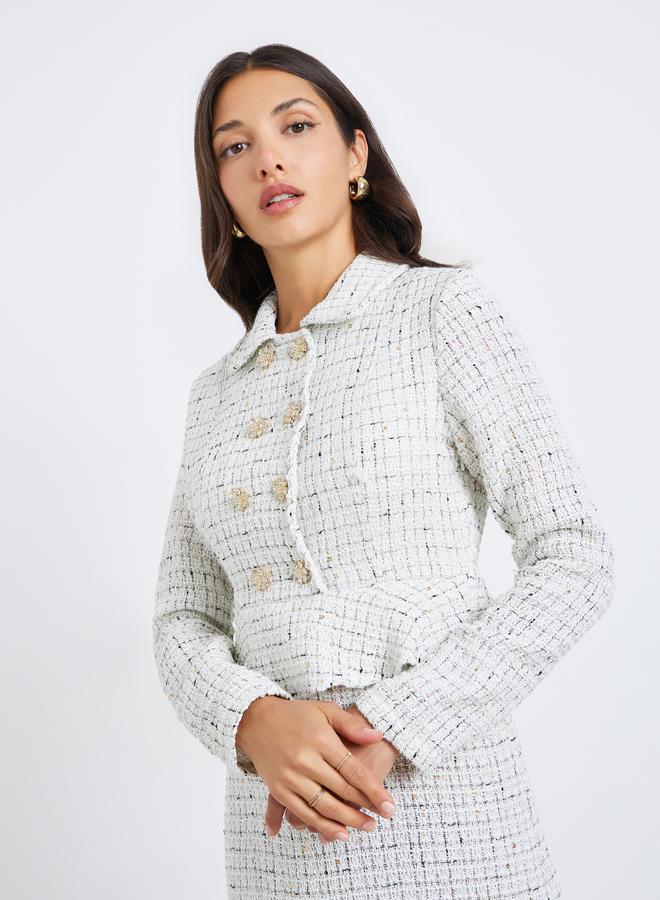 Styli Women White Tweed Double Breasted Blazer Maxi Dress - Image 3