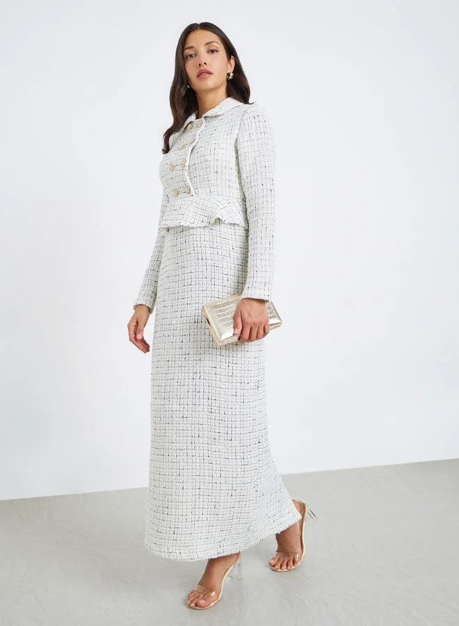 Styli Women White Tweed Double Breasted Blazer Maxi Dress