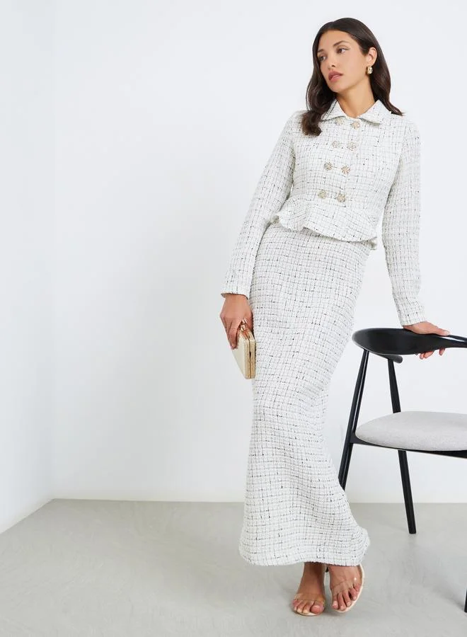 Women White Tweed Double Breasted Blazer Maxi Dress