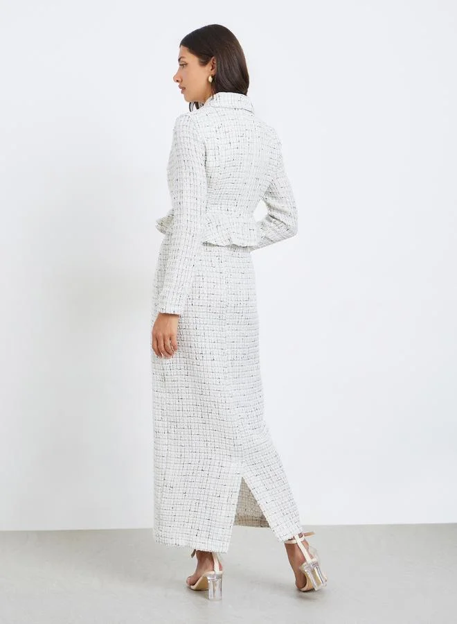 ستايلي فستان طويل بليزر بتفاصيل تويد بصف أزرار مزدوج
