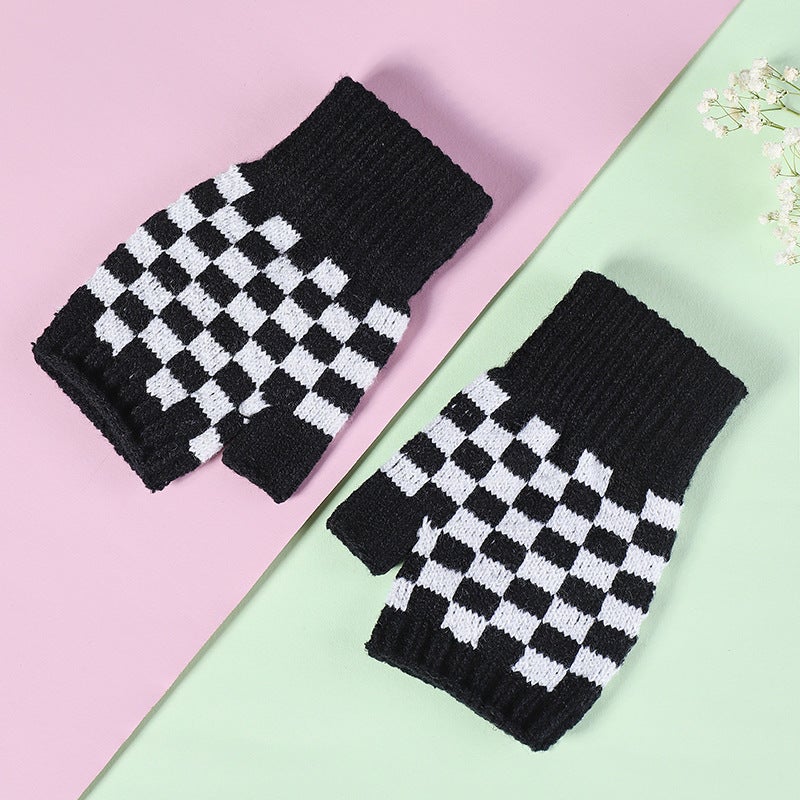 Black and white plaid gloves Korean style fashionable winter typing Dew half finger knitted checkerboard student womens half hand socks trendy Black 