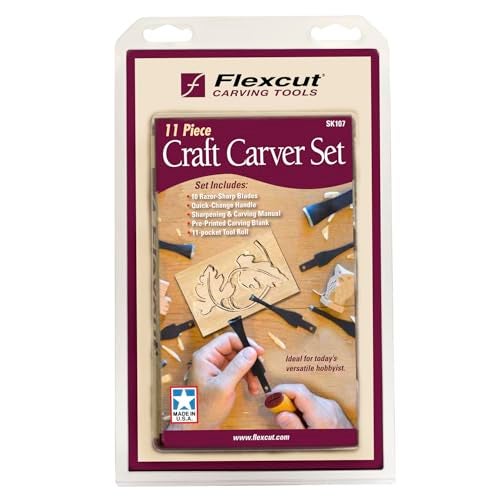 FLEXCUT أدوات نحت الخشب من فليكس كات | مجموعة نحاتة مكونة من 11 قطعة | تشمل 10 شفرات من الفولاذ الكربوني العالي 1095 ومقبض ABS مريح قابل للتبديل | SK107 | صنع في الولايات المتحدة الأمريكية - Image 2