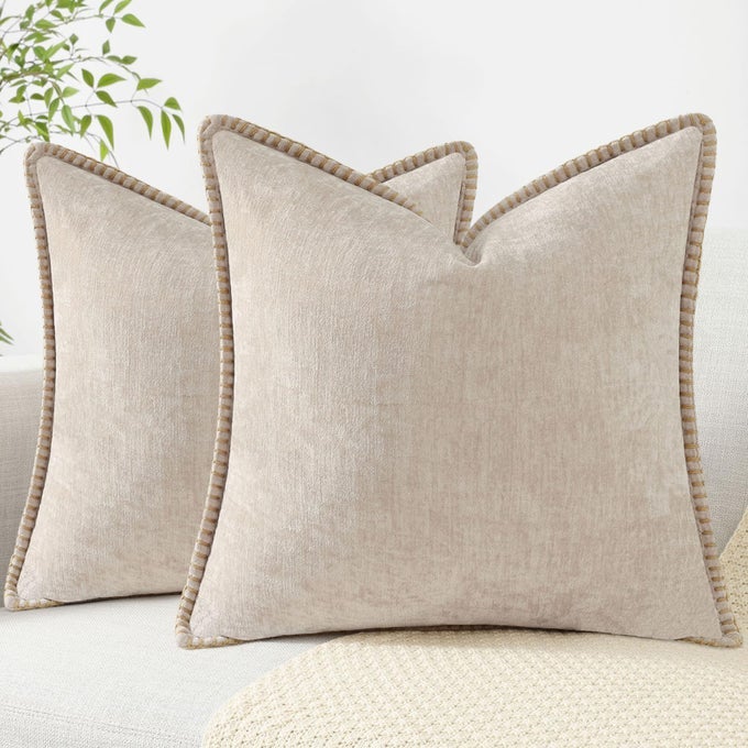 CHENILLE SOFT THROW PILLOW COVERS 18X18 SET OF 2 FARMHOUSE VELVET NEUTRAL DECORATIVE PILLOW COVERS WITH STITCHED EDGE FOR COUCH SOFA BED HOME DECOR BEIGE