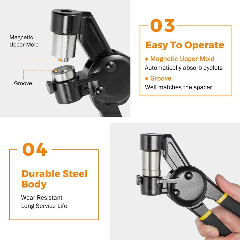 BEAMNOVA Grommet Tool Kit 8mm 10mm 12mm Hand Press Multi-Size Eyelet Pliers Kit with 900 Grommet Supplies & Hollow Hole Punch Tool Handheld Eyelet Setter for Tarp Leather Canvas - Image 4