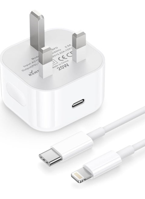 For iPhone Fast Charger [MFi Certified] 20W USB C Fast Charging Plug and 1M Cable Power Delivery 3.0 UK Power Adapter USB-C Mains Charge Compatible with iPhone 14/13/12/11 Pro Max/X/XS Max/XR/8/7, iPad