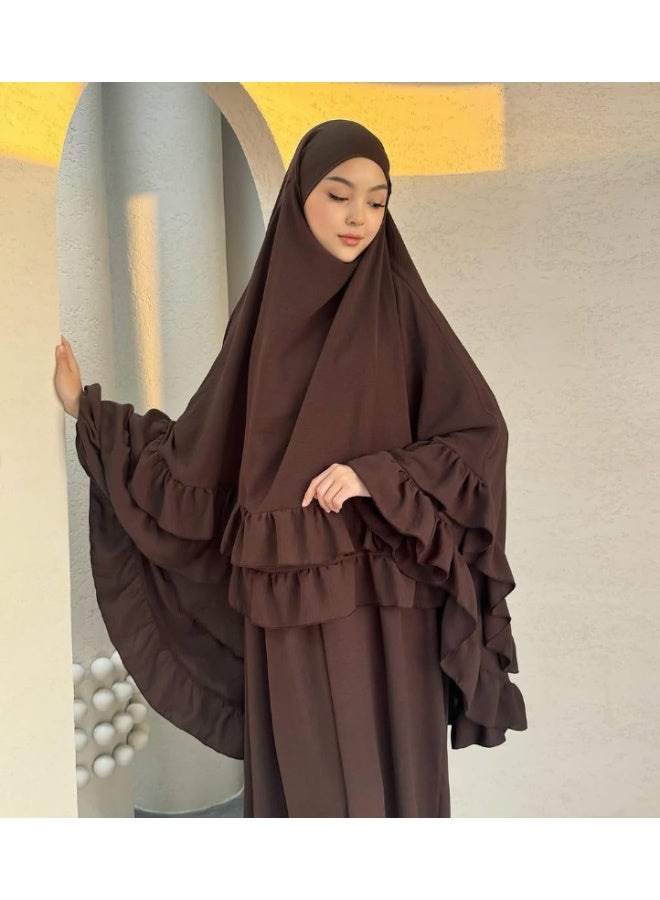مجموعة رداء مسلم طويل بقصّة الأكمام المخططة وشال الرأس، ارتداء أنيق وعفوي للاستجابة، تشمل التنورة والشال - Image 3